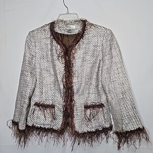 WD.NY tweed eyelash fringe brown white classy blazer jacket sz 10